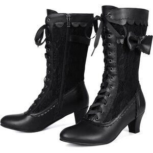 New Vintage Victorian Lace Boots Mid-Calf Heel Bow Side Zipper Black Dress Women